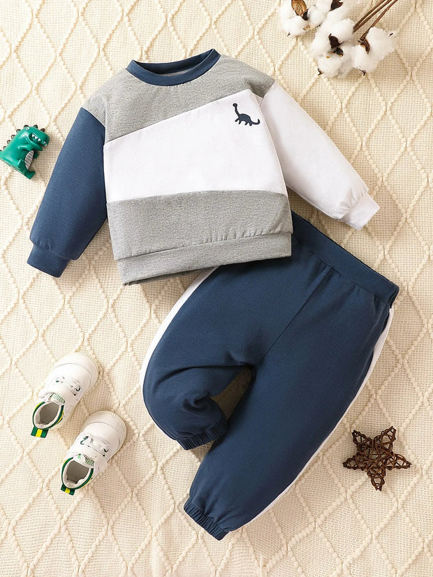 Newborn BabySpring and Autumn Boy Splicing Color Contrast Long Sleeves and Pants Leisure Outdoor Sports Suit Breathabl