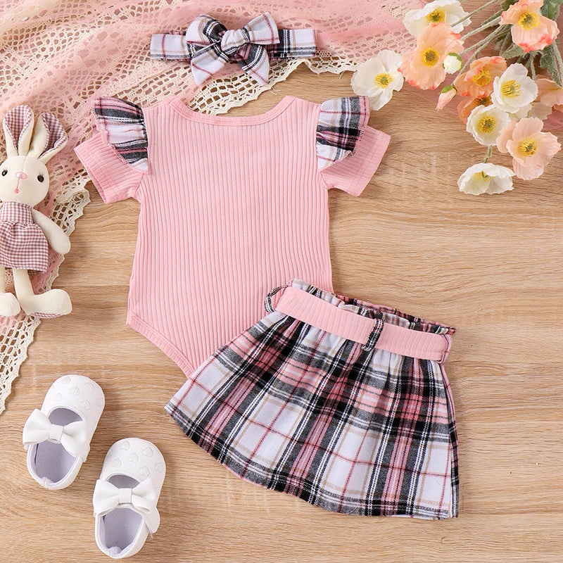 FOCUSNORM 0-18M Easter Baby Girls Clothes Sets Outfit Short Sleeve Bunny Plaid Print Romper with Belted Skirt Headband - mariaestalocashop