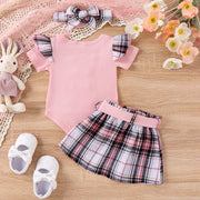 FOCUSNORM 0-18M Easter Baby Girls Clothes Sets Outfit Short Sleeve Bunny Plaid Print Romper with Belted Skirt Headband