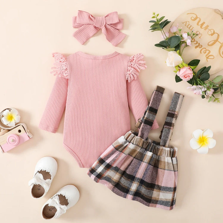 PatPat 3pcs Baby Girl 95% Cotton Rib Knit Spliced Lace Long-sleeve Romper and Plaid Suspender Skirt with Headband Set - mariaestalocashop