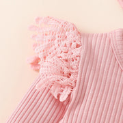 PatPat 3pcs Baby Girl 95% Cotton Rib Knit Spliced Lace Long-sleeve Romper and Plaid Suspender Skirt with Headband Set