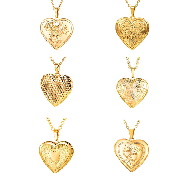 Openable Heart Locket Necklace Photo Frame Memory Romantic Love Embossed Rose Flower Pendant for Women Best Mother's Day Gift