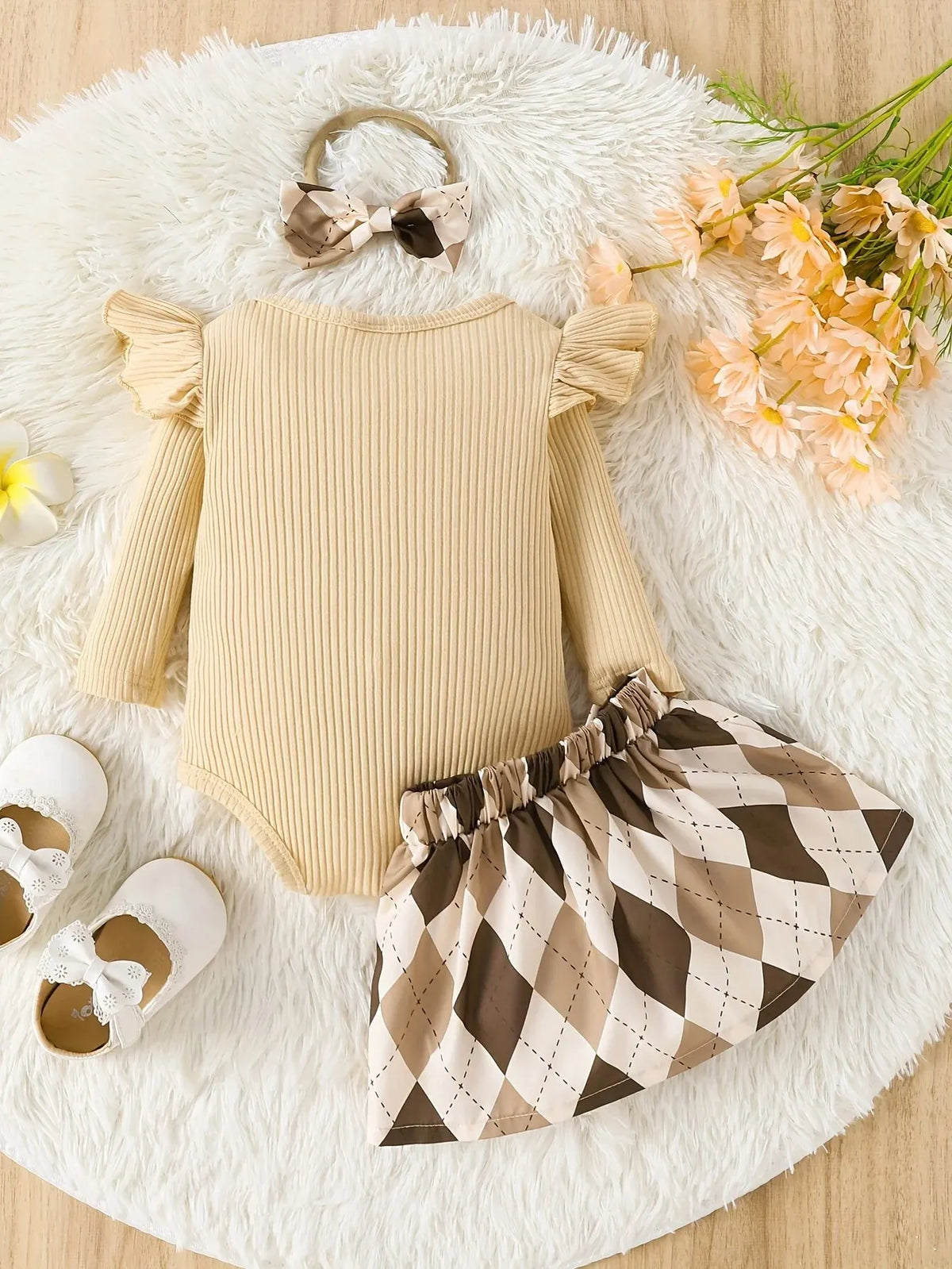 0-24 Months Old Baby Girl Bear Threaded Triangle Hayi Plaid Skirt Headband Set - mariaestalocashop