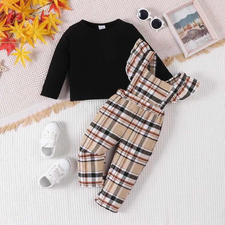 2Pcs Set 2023 Fashion Baby Girls Pure Black Long Sleeve T-shirt Casual Overalls Pants Infant Newborn Spring&Autumn Outfit - mariaestalocashop
