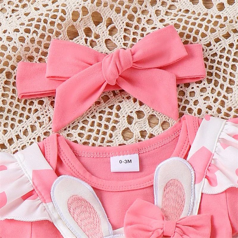 Summer Easter Infant Baby Girl Set Short Sleeve Romper + Rabbit Patch Heart Print Suspender Skirt + Bow Headband Outfit - mariaestalocashop