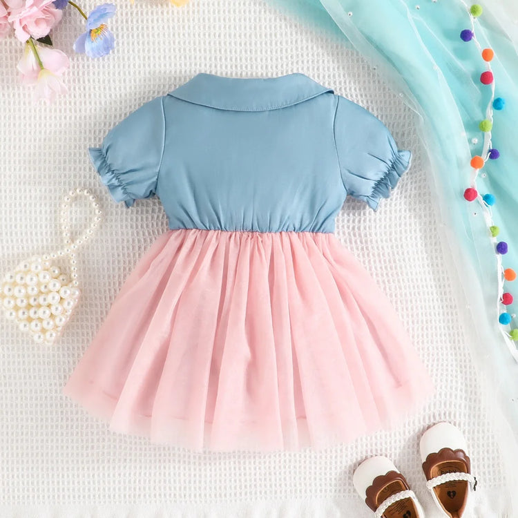 Dress For Kids Newborn 3-24 Months Short Sleeve Cute Button Bow Tulle Princess Dresses Ootd For Baby Girl - mariaestalocashop