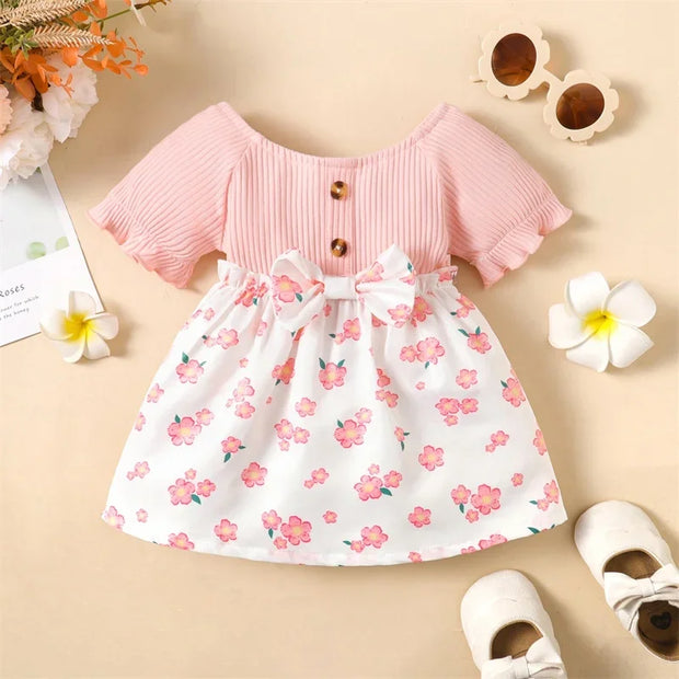 Baby Girl Short Sleeve Round Neck Floral Skirt with Bow Fashion Lovely Summer Dresses Clothes for Toddler Girl 0-2 Years