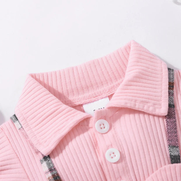 Summer Newborn Girl Fashion Princess Dress Pink Stripe Flip Collar Flying Edge Sleeves Checkered Print Bow Dress 3-24M