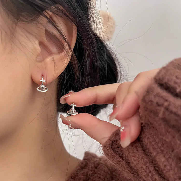 Silver Color Korean Cross Cosmic Planet Saturn Stud Earrings for Women 2023 Wedding Party Jewelry Gift Korean Earring - mariaestalocashop