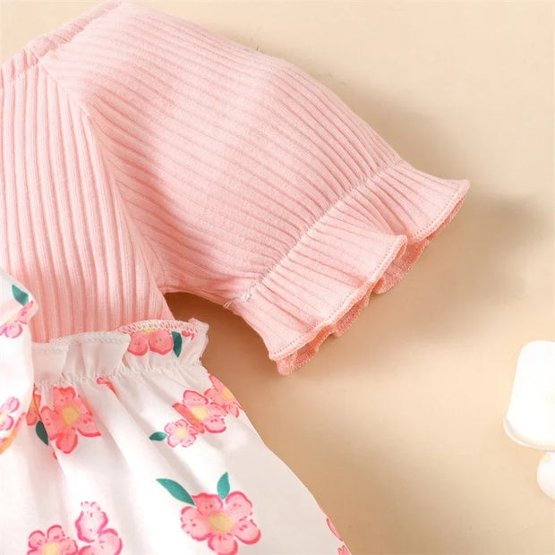 Baby Girl Short Sleeve Round Neck Floral Skirt with Bow Fashion Lovely Summer Dresses Clothes for Toddler Girl 0-2 Years