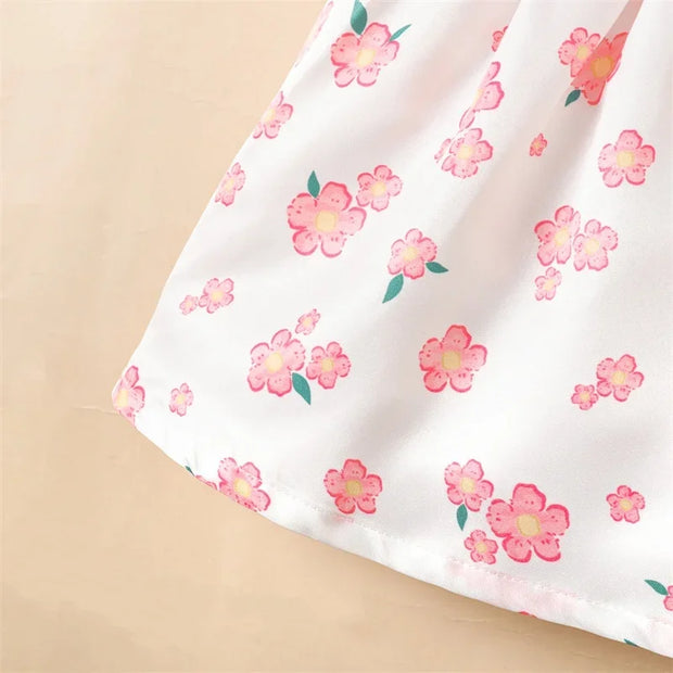 Baby Girl Short Sleeve Round Neck Floral Skirt with Bow Fashion Lovely Summer Dresses Clothes for Toddler Girl 0-2 Years