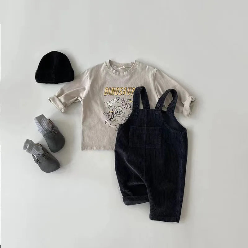 spring toddler baby boys girls solid corduroy suspander romper sof    