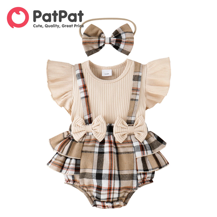 PatPat 2pcs Baby Girl Romper 95% Cotton Ribbed Ruffle-sleeve Bow Decor Spliced Plaid Romper & Headband Set - mariaestalocashop
