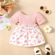 Baby Girl Short Sleeve Round Neck Floral Skirt with Bow Fashion Lovely Summer Dresses Clothes for Toddler Girl 0-2 Years