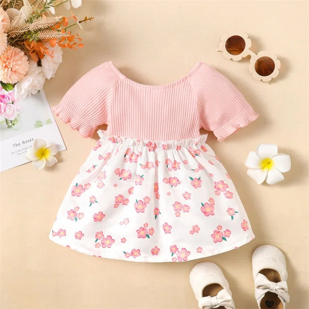 Baby Girl Short Sleeve Round Neck Floral Skirt with Bow Fashion Lovely Summer Dresses Clothes for Toddler Girl 0-2 Years