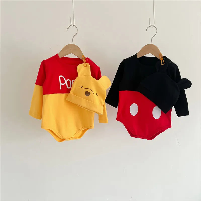 Spring Newborn Baby Rompers Sock Hat 3pcs Set Cartoon Mickey Mouse Poo