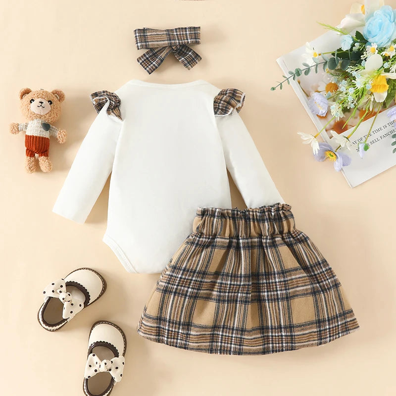 Newborn Baby Girl Clothes 3PCS Set Cartoon Bear Embroidery Long Sleeves Bodysuit Plaid Skirt Suit Infant Baby Costume 0-18 Month - mariaestalocashop