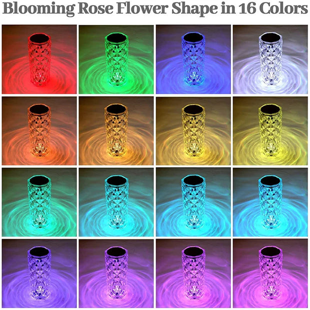 LED Crystal Table Lamp Rose Light Projector 3/16 Colors Touch Night Light Romantic Diamond Atmosphere Light USB Home Bar Decor
