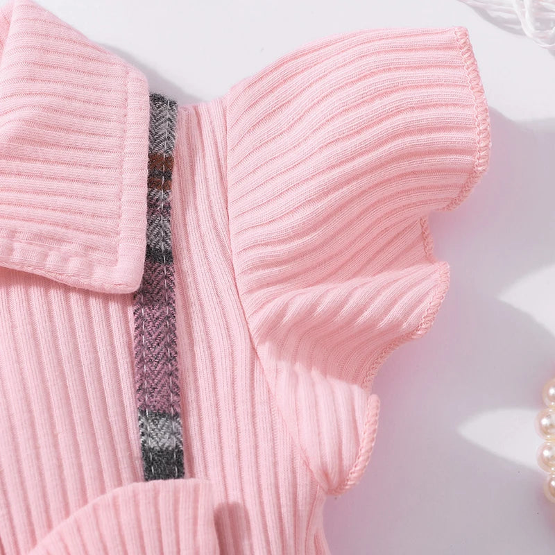 Summer Newborn Girl Fashion Princess Dress Pink Stripe Flip Collar Flying Edge Sleeves Checkered Print Bow Dress 3-24M - mariaestalocashop