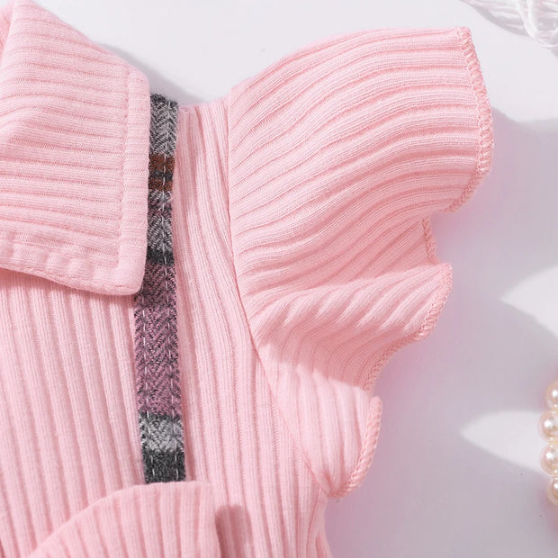 Summer Newborn Girl Fashion Princess Dress Pink Stripe Flip Collar Flying Edge Sleeves Checkered Print Bow Dress 3-24M