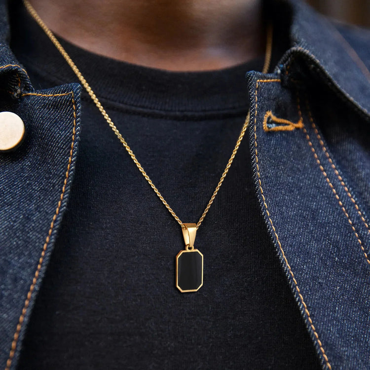Stylish Gold Color Mens Geometric Square Necklaces,Black Enamel Rectangle Pendant with Rope Box Chain Collar Gift Jewelry - mariaestalocashop