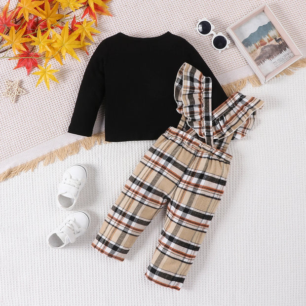 2Pcs Set 2023 Fashion Baby Girls Pure Black Long Sleeve T-shirt Casual Overalls Pants Infant Newborn Spring&Autumn Outfit