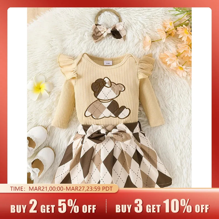 0-24 Months Old Baby Girl Bear Threaded Triangle Hayi Plaid Skirt Headband Set - mariaestalocashop