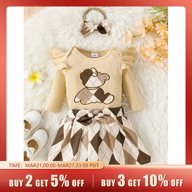 0-24 Months Old Baby Girl Bear Threaded Triangle Hayi Plaid Skirt Headband Set
