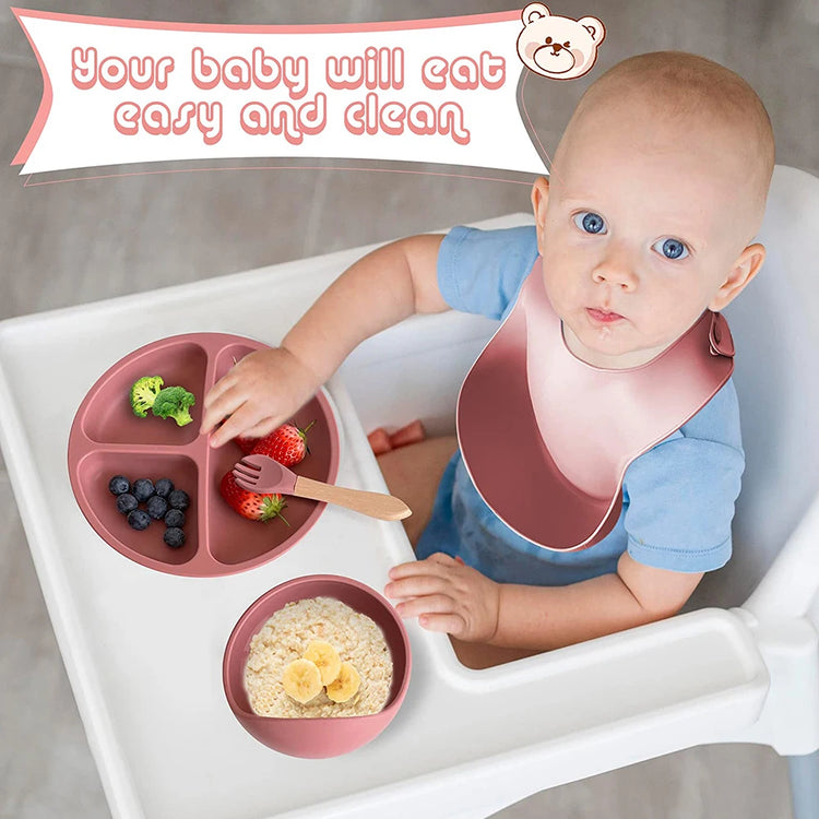 Children's Dishes Set Baby Silicone 6/8-piece Tableware Set Suction Cups Forks Spoons Bibs Straws Cups Mother and Baby Supplies - mariaestalocashop