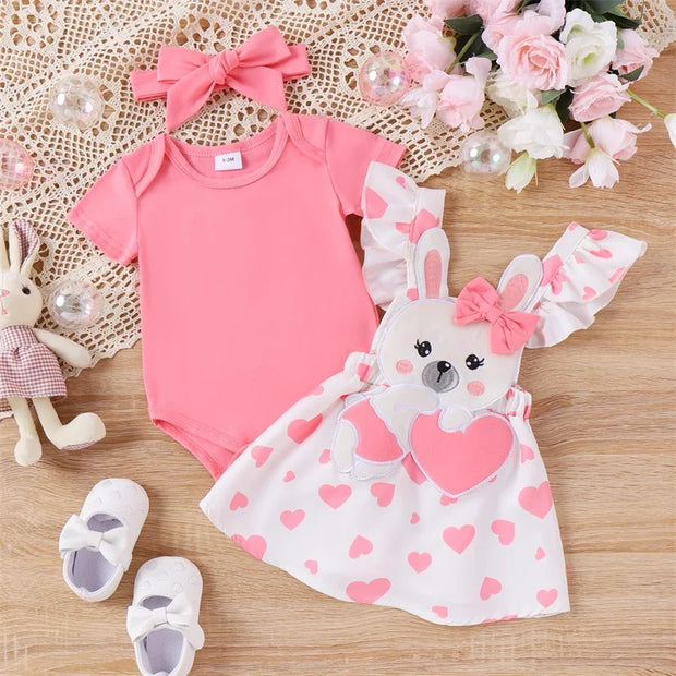 Summer Easter Infant Baby Girl Set Short Sleeve Romper + Rabbit Patch Heart Print Suspender Skirt + Bow Headband Outfit