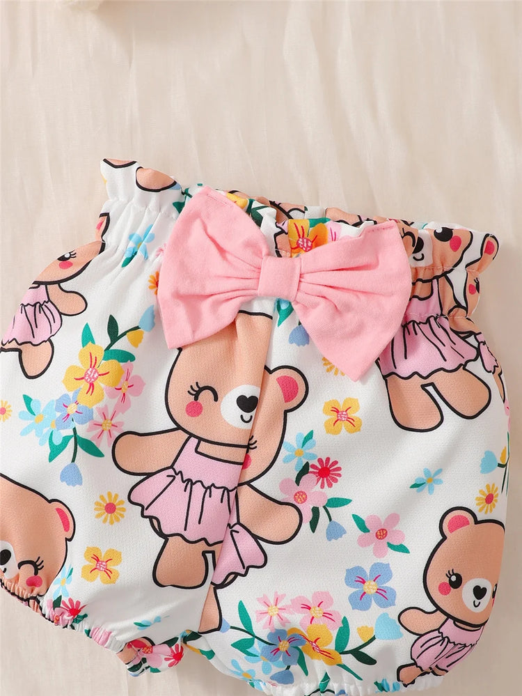 Newborn Baby Girl Daily Clothes Set Cartoon Bear Short Sleeve Romper + Shorts with Headband Summer Lovely 3PCS Outfit - mariaestalocashop