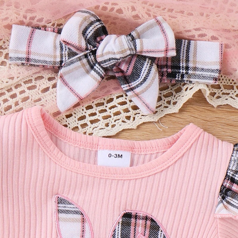 FOCUSNORM 0-18M Easter Baby Girls Clothes Sets Outfit Short Sleeve Bunny Plaid Print Romper with Belted Skirt Headband - mariaestalocashop
