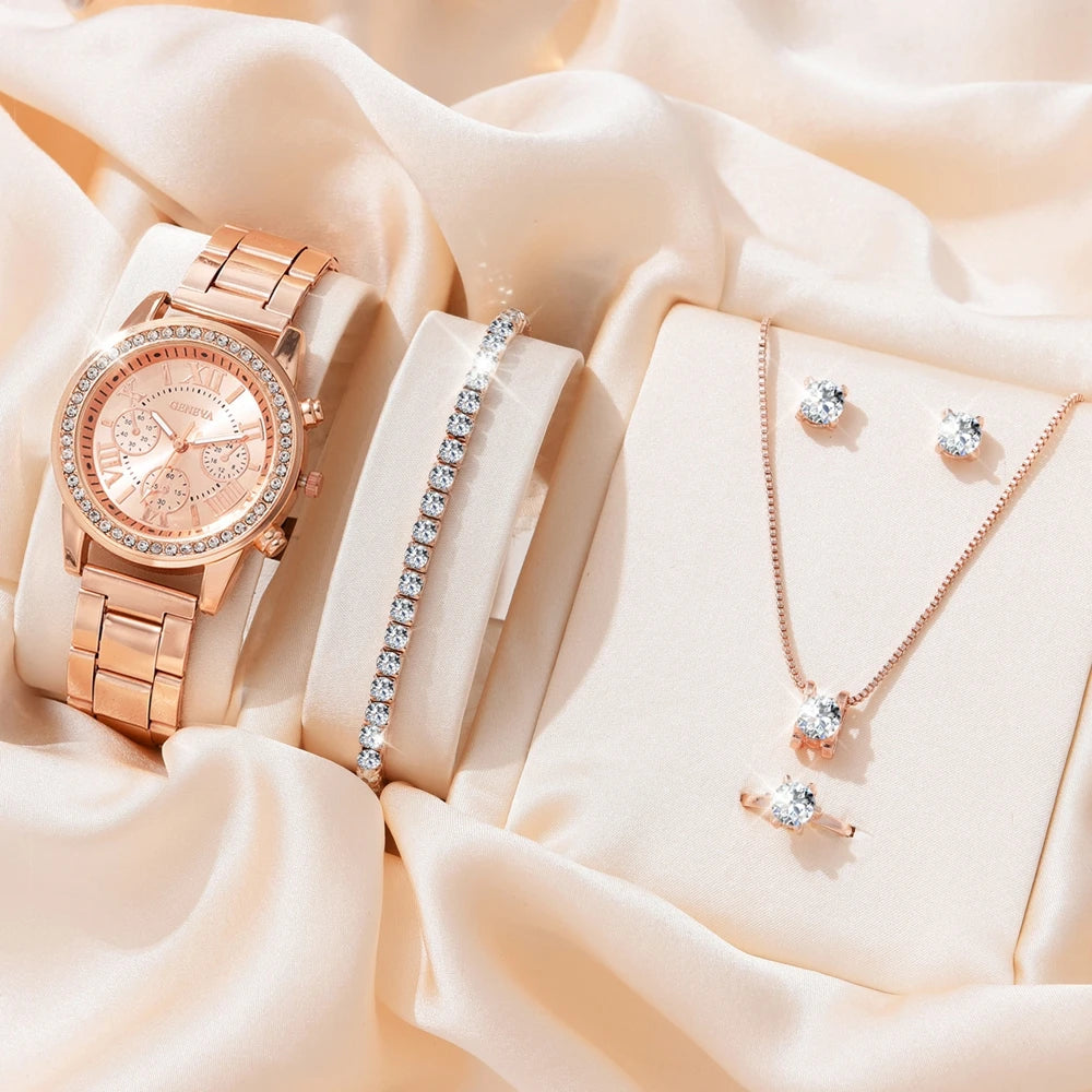 6PCS Set Luxury Watch Women Ring Necklace Earrings Rhinestone Fashion Wristwatch Female Casual Ladies Watches Bracelet Set Clock - mariaestalocashop