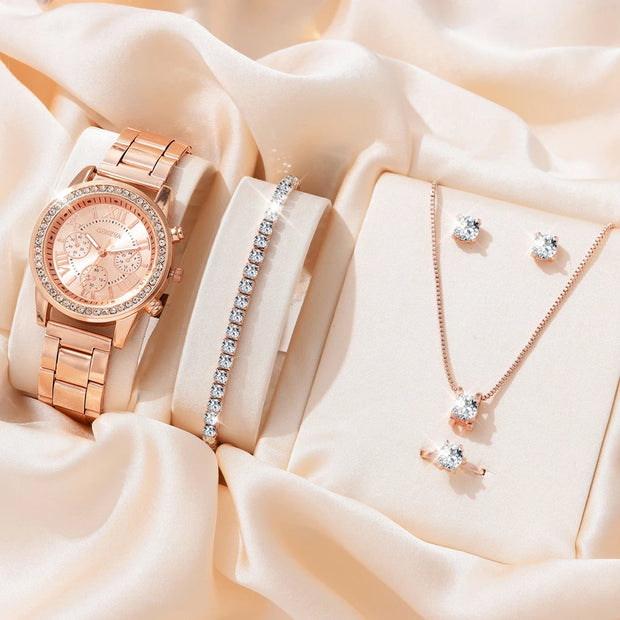6PCS Set Luxury Watch Women Ring Necklace Earrings Rhinestone Fashion Wristwatch Female Casual Ladies Watches Bracelet Set Clock