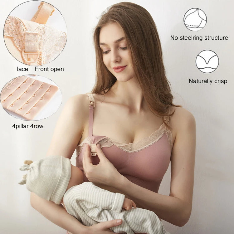 Wireless Front Open Nursing Bra Soft Lace Breathable Seamless Maternity Breastfeeding Bras Maternal Support For Pregnant Women - mariaestalocashop