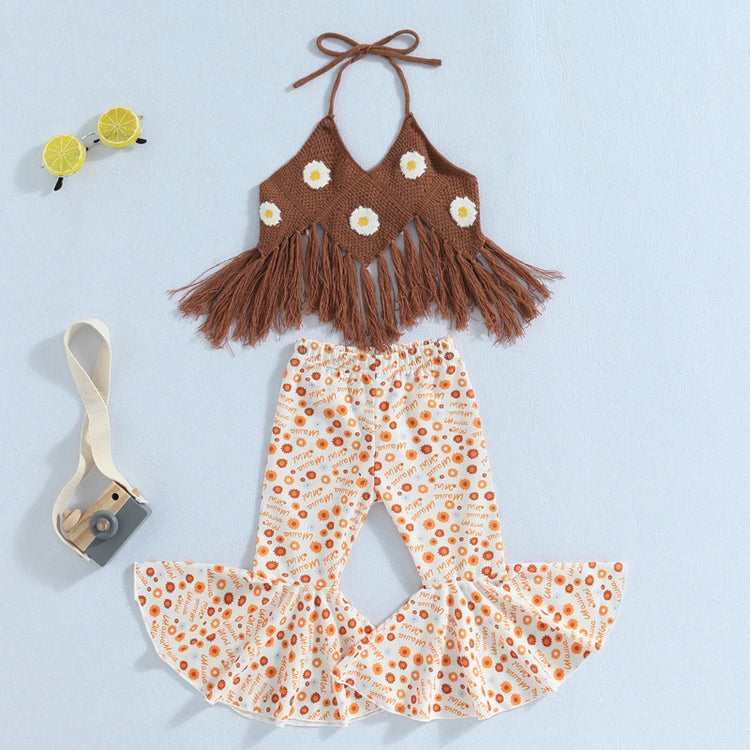 Baby Girls Pants Set, Tie-up Halterneck Tasseled Irregular Hem Knit Vest with Flare Pants - mariaestalocashop