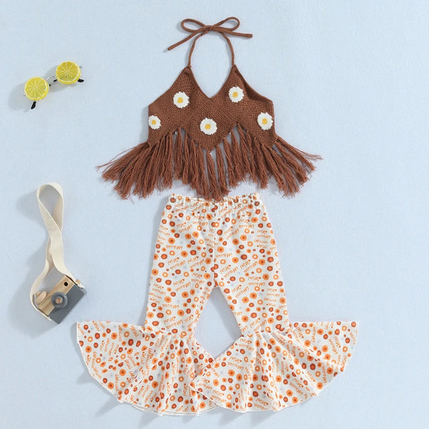 Baby Girls Pants Set, Tie-up Halterneck Tasseled Irregular Hem Knit Vest with Flare Pants