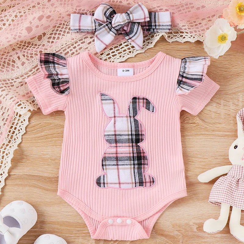 FOCUSNORM 0-18M Easter Baby Girls Clothes Sets Outfit Short Sleeve Bunny Plaid Print Romper with Belted Skirt Headband - mariaestalocashop