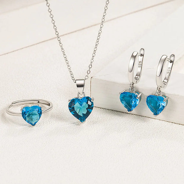 Sterling Silver Jewelry Sets For Women Heart Zircon Ring Earrings Necklace Wedding Bridal Elegant Christmas Free Shipping