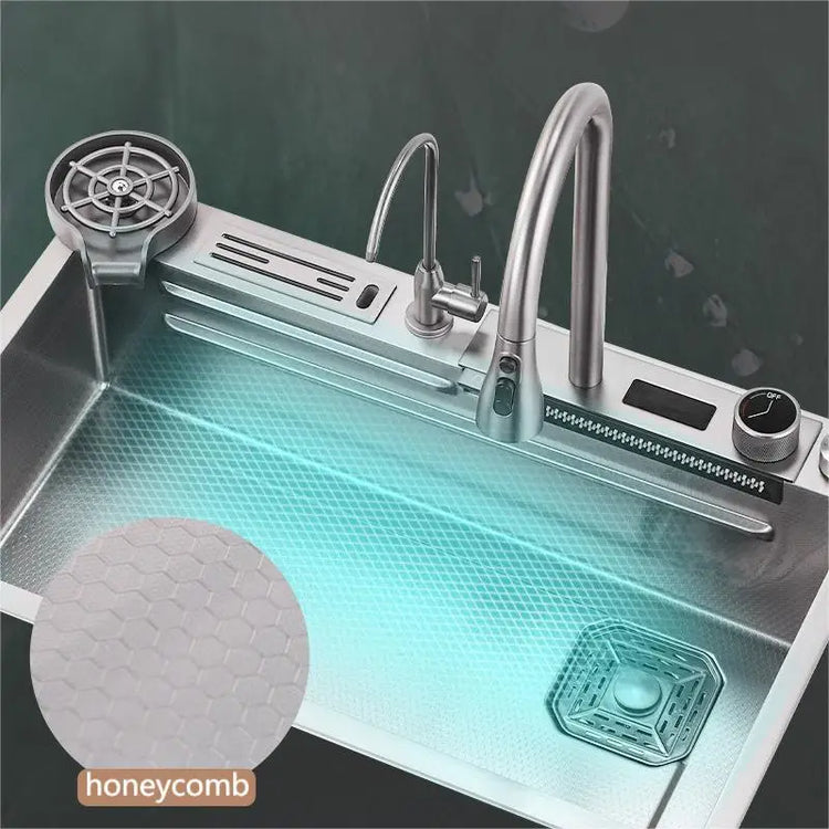 2024 new product big size Honeycomb embossed knife holder piano digital display waterfall kitchen sink - mariaestalocashop