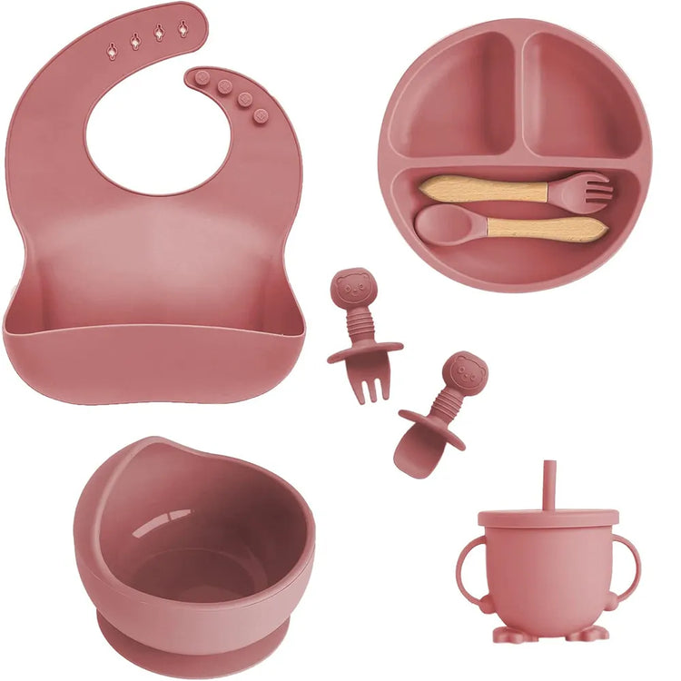 Children's Dishes Set Baby Silicone 6/8-piece Tableware Set Suction Cups Forks Spoons Bibs Straws Cups Mother and Baby Supplies - mariaestalocashop