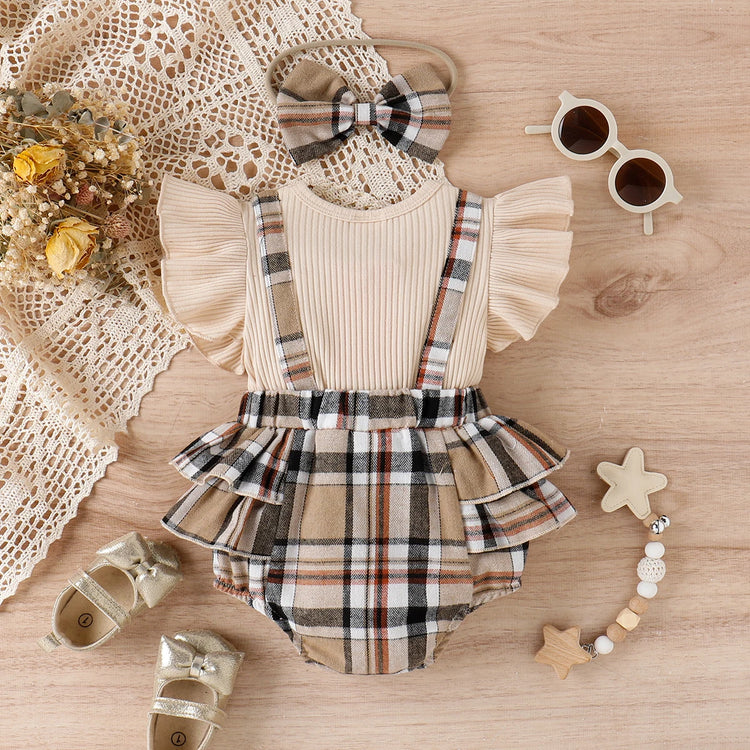 PatPat 2pcs Baby Girl Romper 95% Cotton Ribbed Ruffle-sleeve Bow Decor Spliced Plaid Romper & Headband Set - mariaestalocashop
