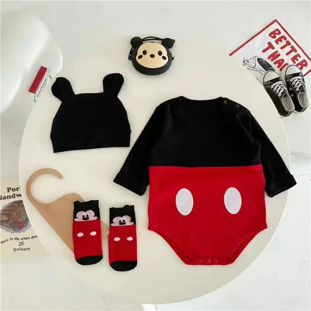 Spring Newborn Baby Rompers Sock Hat 3pcs Set Cartoon Mickey Mouse Poo
