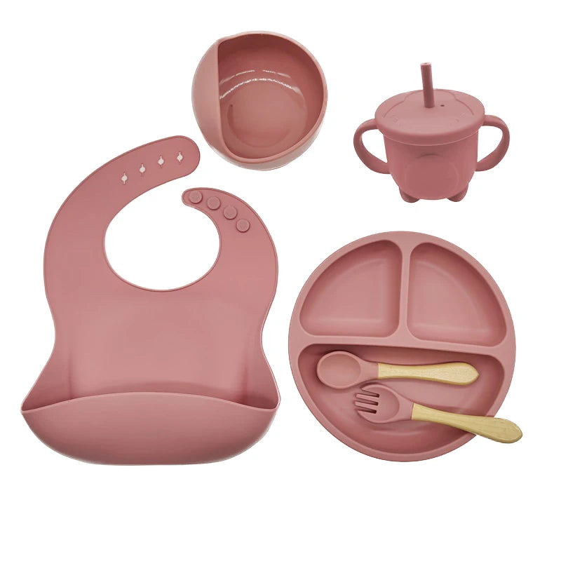 Children's Dishes Set Baby Silicone 6/8-piece Tableware Set Suction Cups Forks Spoons Bibs Straws Cups Mother and Baby Supplies - mariaestalocashop