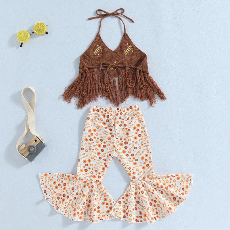 Baby Girls Pants Set, Tie-up Halterneck Tasseled Irregular Hem Knit Vest with Flare Pants - mariaestalocashop