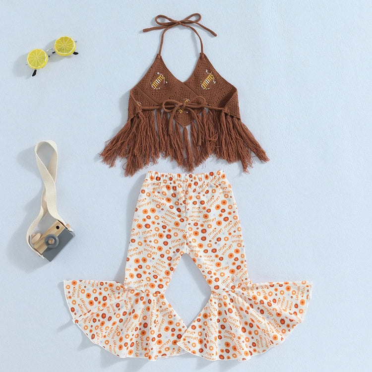 Baby Girls Pants Set, Tie-up Halterneck Tasseled Irregular Hem Knit Vest with Flare Pants - mariaestalocashop