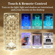 LED Crystal Table Lamp Rose Light Projector 3/16 Colors Touch Night Light Romantic Diamond Atmosphere Light USB Home Bar Decor