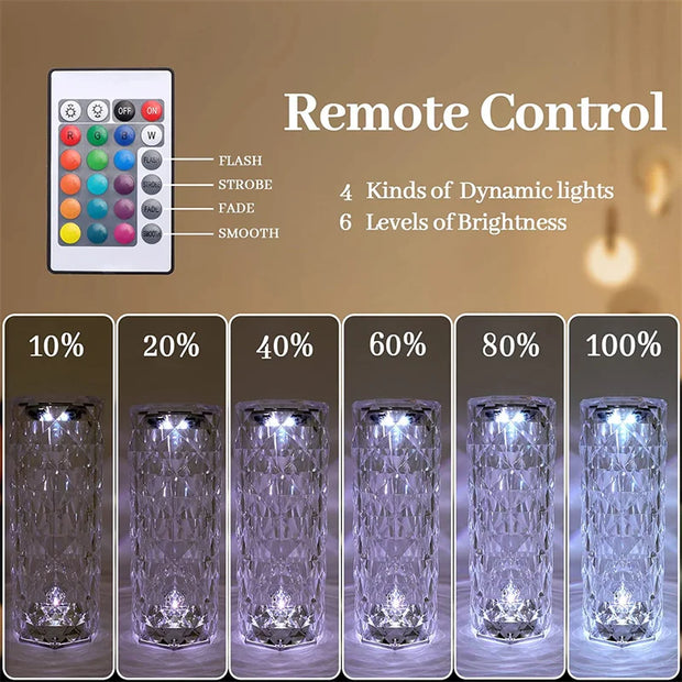 LED Crystal Table Lamp Rose Light Projector 3/16 Colors Touch Night Light Romantic Diamond Atmosphere Light USB Home Bar Decor