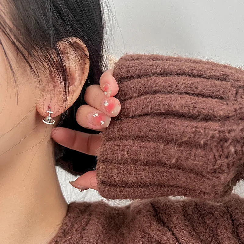 Silver Color Korean Cross Cosmic Planet Saturn Stud Earrings for Women 2023 Wedding Party Jewelry Gift Korean Earring - mariaestalocashop