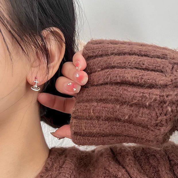 Silver Color Korean Cross Cosmic Planet Saturn Stud Earrings for Women 2023 Wedding Party Jewelry Gift Korean Earring